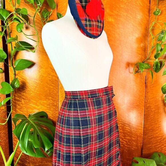 NWT DEADSTOCK 1970’s 70s Vintage Red Wool Plaid Pleated Fringe Kilt Skirt Xs 24w - Picture 4 of 10